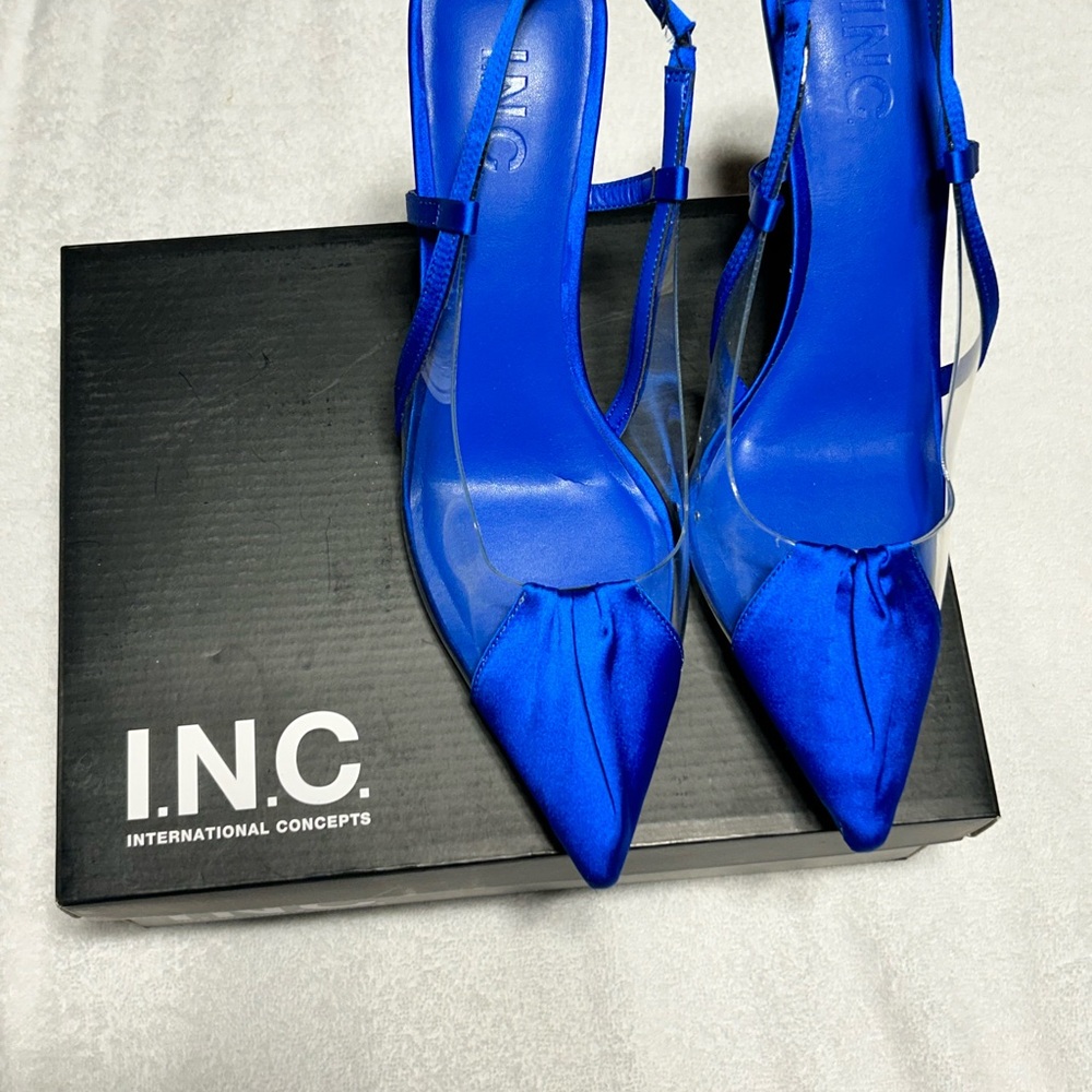 INC International Concepts Women's‎ Colbalt Satin Mixed Media Heels Sz 8 NIB - Picture 2 of 7